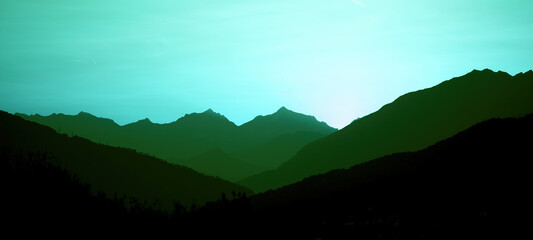 Mountain landscape panorama background illustration - Silhouette of mountains and green sky