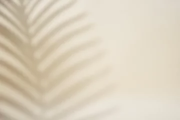 Fototapete Badezimmer Abstract background with tropical palm leaves shadow on beige wall, Creative minimal design with copy space, Summer concept, flat lay  © Lazy_Bear