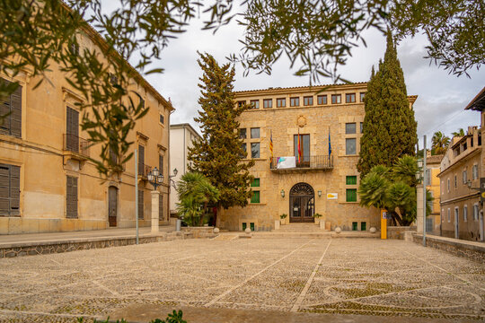 View of the Town Hall in old town Alcudia, Alcudia, Majorca, Balearic Islands