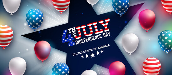 4th of July Independence Day of the USA Vector Illustration with Star Symbol and American Flag Pattern Party Balloon on Light Background. Fourth of July National Celebration Design for Banner