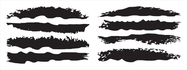 Vector collection of artistic grungy black paint hand made creative brush stroke set isolated on banner background. A group of abstract grunge sketches for design education or graphic art decoration