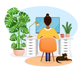 Woman freelancer, manager sits at a desk working at home at a computer. Back view of the girl. Remote work, office at home, programming. Cozy working interior with a cat. Vector illustration