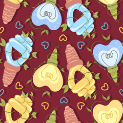 Ecology. Vector illustration. Seamless Pattern. Dark background, wallpaper. Energy saving light bulbs, climbing plant. Alternative Energy Sources