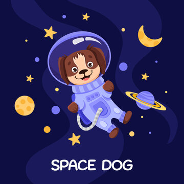 Dog Astronaut in space suit for birthday party flyer, kids print texture and baby shower. Cute pet with planets moon stars in open space. Vector Cartoon illustration