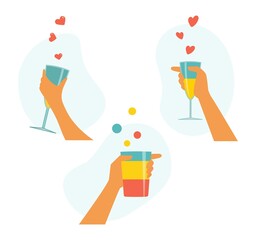 Clip art set. Isolated female hand holds a glass with a drink, cocktail, juice, alcohol. Happy hour, greeting sign, party design, celebration with love. Colorful vector in a minimalistic flat style.