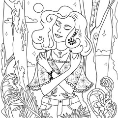 Beautiful girl in the forest. Cartoon style. Picture for coloring. Fashionable coloring book for adults. Hand drawn. Black and white vector illustration isolated on white background.