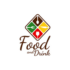 Food logo icon vector template. Simple food and drink logo with a few icons like cutlery knife and glass.