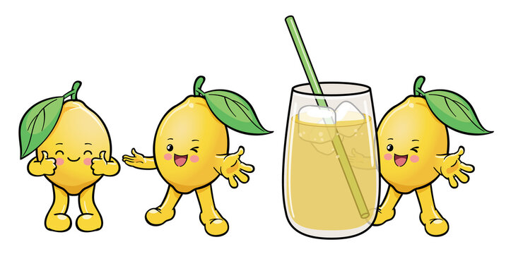 Lemon cartoon characters and a glass of lemonade