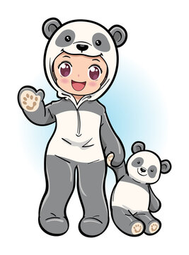 A cute girl in panda costume holding a panda doll