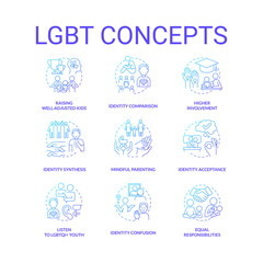 LGBT blue gradient concept icons set. Culture and movement. Gender and identity. LGBTQ community idea thin line color illustrations. Isolated symbols. Roboto-Medium, Myriad Pro-Bold fonts used
