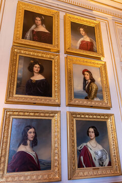 Munich, Germany - July 1, 2016: Portraits of noble ladies in the Nymphenburg Palace (Schloss Nymphenburg)