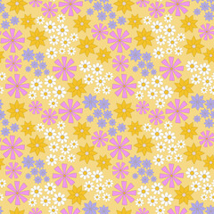 colorful floral hippie texture. psychedelic seamless pattern in 60s, 70s retro style. bright vintage summer background. groovy summer, daisies,