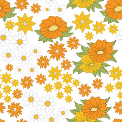 colorful floral hippie texture. psychedelic seamless pattern in 60s, 70s retro style. bright vintage summer background. groovy summer, daisies, - 512062430