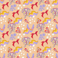 colorful hippie texture. psychedelic seamless pattern in 60s, 70s retro style. bright vintage summer background. groovy summer, chamomile, rainbow, roller skates, ice cream,