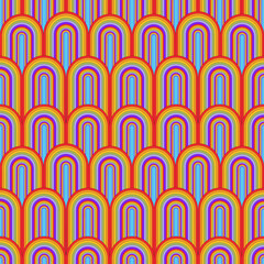 colorful hippie texture. psychedelic seamless pattern in 60s, 70s retro style. bright vintage summer background. groovy summer, chamomile, rainbow, roller skates, ice cream, - 512062441