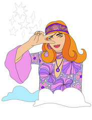 retro poster in disco style 60s-70s, fashion girl image on rainbow background, hippie vintage style, psychedelic, summer groovy mood. Trendy retro style.