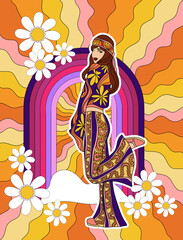 retro poster in disco style 60s-70s, fashion girl image on rainbow background, hippie vintage style, psychedelic, summer groovy mood. Trendy retro style.