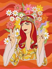 retro poster in disco style 60s-70s, fashion girl image on rainbow background, hippie vintage style, psychedelic, summer groovy mood. Trendy retro style. - 512062459