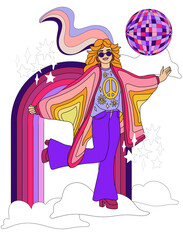 retro poster in disco style 60s-70s, fashion girl image on rainbow background, hippie vintage style, psychedelic, summer groovy mood. Trendy retro style.