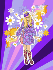 retro poster in disco style 60s-70s, fashion girl image on rainbow background, hippie vintage style, psychedelic, summer groovy mood. Trendy retro style. - 512062465