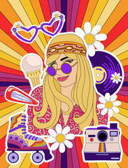 retro poster in disco style 60s-70s, fashion girl image on rainbow background, hippie vintage style, psychedelic, summer groovy mood. Trendy retro style.