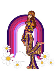 retro poster in disco style 60s-70s, fashion girl image on rainbow background, hippie vintage style, psychedelic, summer groovy mood. Trendy retro style. - 512062467