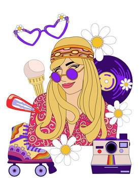 retro poster in disco style 60s-70s, fashion girl image on rainbow background, hippie vintage style, psychedelic, summer groovy mood. Trendy retro style.