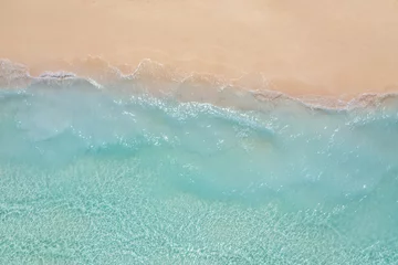 Foto op Canvas Relaxing aerial beach, summer vacation holiday template banner. Waves surf with amazing blue ocean lagoon, sea shore, coastline. Beautiful aerial drone top view. Tranquil bright beach, seaside nature © icemanphotos
