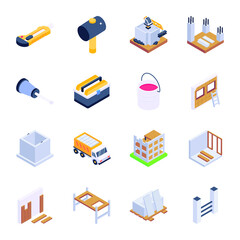 Trendy Set of Under Construction Isometric Icons