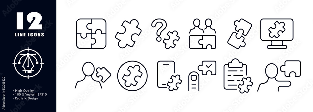 Poster puzzle set icon. assembled puzzle, unsolved problem, riddle, question mark, application development,