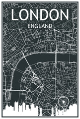 Dark printout city poster with panoramic skyline and hand-drawn streets network on dark gray background of the downtown LONDON, ENGLAND
