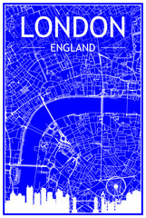 Technical drawing printout city poster with panoramic skyline and hand-drawn streets network on blue background of the downtown LONDON, ENGLAND