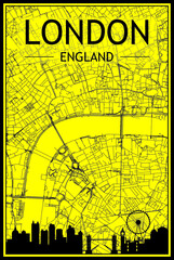 Golden printout city poster with panoramic skyline and hand-drawn streets network on yellow and black background of the downtown LONDON, ENGLAND