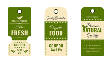 A collection of labels and discount coupons. The concept of organic, natural products.