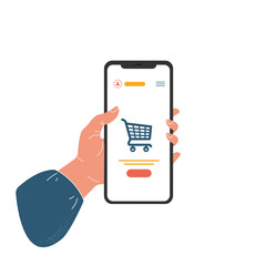 Mobile shopping, hand with phone, shopping basket on screen, flat design, isolated on white background