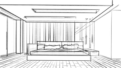Architectural abstract interior sketch of a modern bedroom.