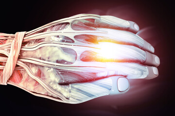 Human Hands Anatomy With Tendons, muscle, Arteries and Nerves. 3d illustration