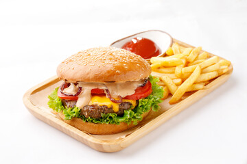Burger with fries on white background