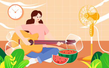 Summer character sitting at home blowing a fan and eating watermelon with living room and plants in the background, vector illustration