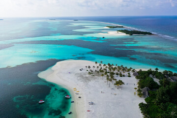 Fototapeta na wymiar Helicopter view, Six Senses Kanuhura Island Resort, with beaches and water bungalows, Lhaviyani Atoll, , Maldives, Indian Ocean, Asia,