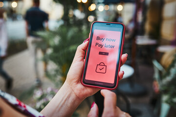 BNPL Buy now pay later online shopping service on smartphone. Online shopping. Paying after...