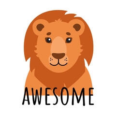 Cute cartoon lion. African lion face with 'Awesome' text in flat style. Vector illustration.