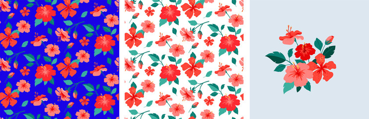Feminine fashion concept illustration, seamless pattern and flower bouquet of hibiscus flowers. Card, print and poster designs. Flat style vector design © Marina Zlochin