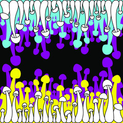Borders of outline and neon silhouettes mushrooms vector simple illustration isolated on black background. Outline and neon hand drawn version. Vector mycology. Natural healthy fungus, autumn design.