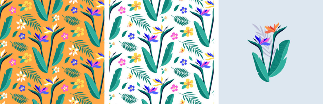 Feminine fashion concept illustration, seamless pattern and flower bouquet of exotic birds of paradise flowers. Card, print and poster designs. Flat style vector design