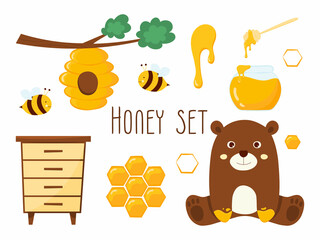 Honey set with bee, bear and honey