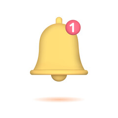 3D bell notification alert or reminder icon isolated on white background. Vector illustration