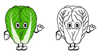 Cute funny Chinese cabbage waving hand character outline cartoon illustration for coloring book. Vector hand drawn traditional cartoon vintage, retro, cabbage character. Isolated on white background