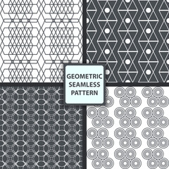 Set of geometric seamless patterns in gray tones. Abstract forms.