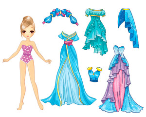Paper doll with blue fairy princess dresses
